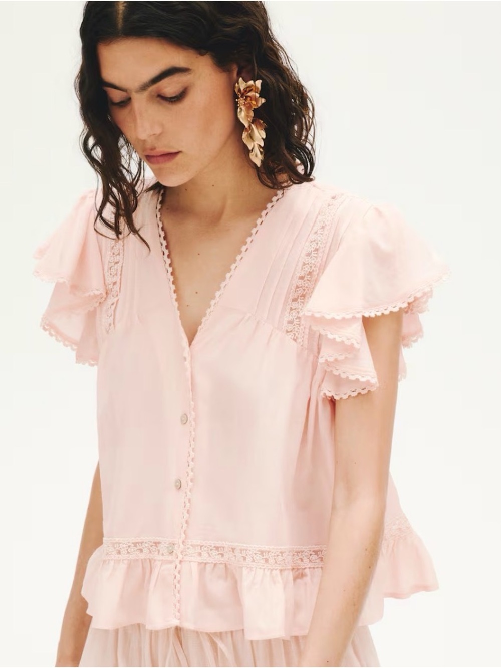 H&M Soft Pink Lace-Trim Flutter Sleeve Blouse